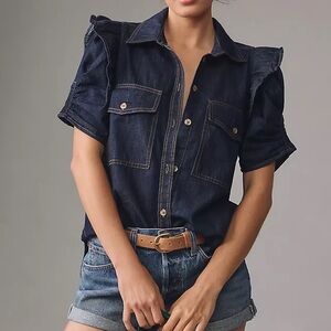 Anthropologie Dark Navy Denim Button-Down Shirt with Ruffle Shoulders